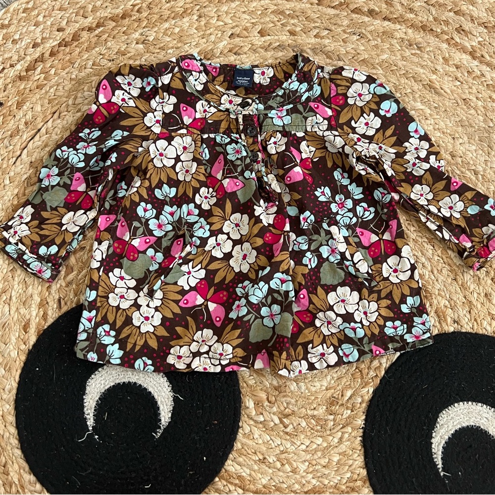 Cotton baby GAP girlsBrown Floral Long-Sleeve whimsical early 2000s Top no flaws